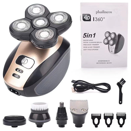 5 in 1 Rechargeable Head Shaver, Bald Head Razor Grooming Kit With Hair Clipper, Nose Hair Trimmer,face Cleaning Brush And Massage Brush, Wet Dry, Waterproof, USB Charging Beard Trimmer, Body Hair Cutting Clipper